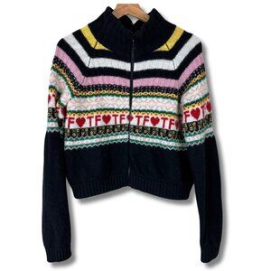 Teddy Fresh Women's Sweater Fair Isle Merino Wool Full Zip Black White Medium